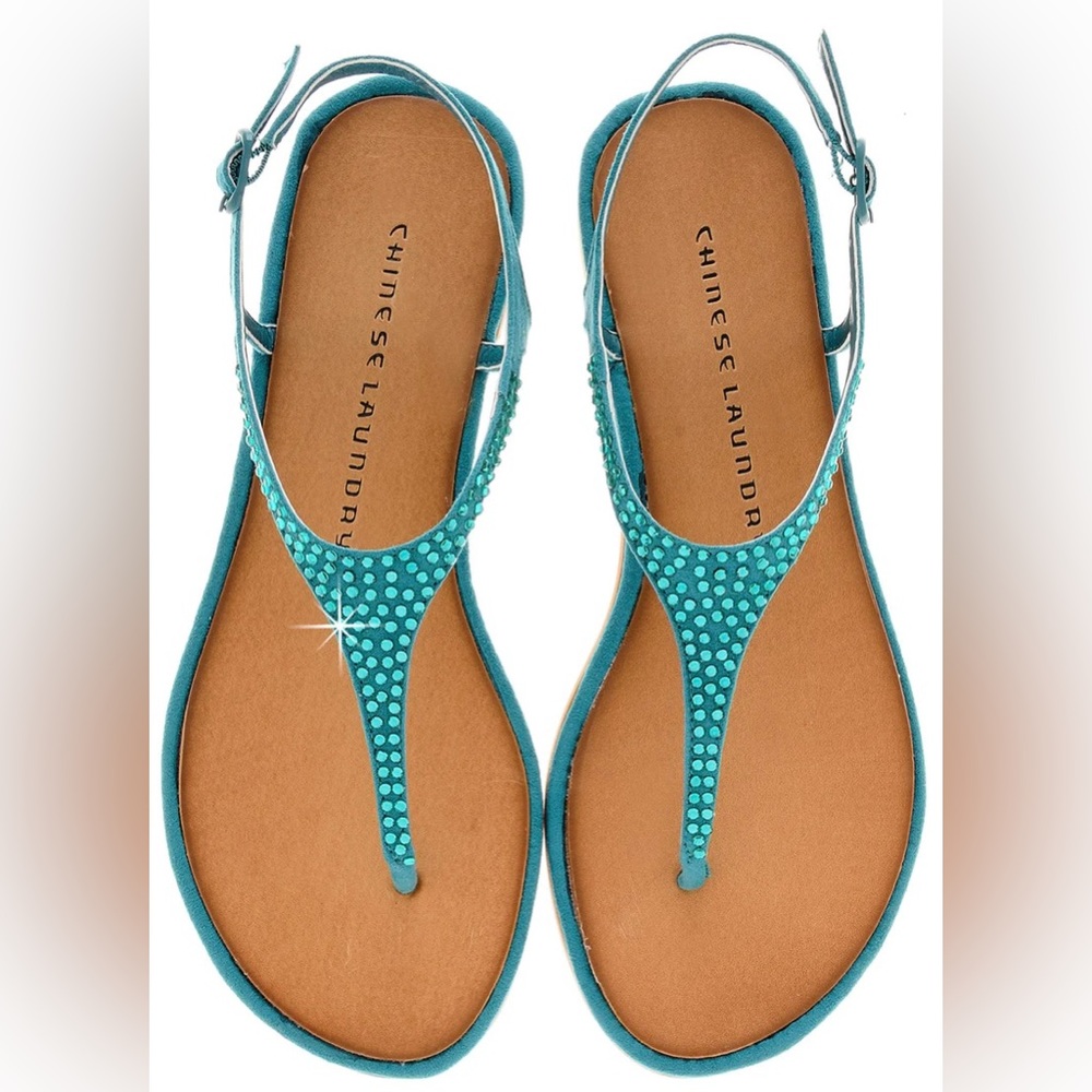 Chinese Laundry Game Show Suede Crystal Teal Flat T-bar Sandals 8.5